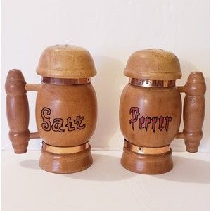 Vintage Beer Stein Salt & Pepper Shakers Carved Wood Beer Tankard Hard to Find